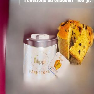 Panettone au chocolat fondant noir dans une boite en métal 100 gr.